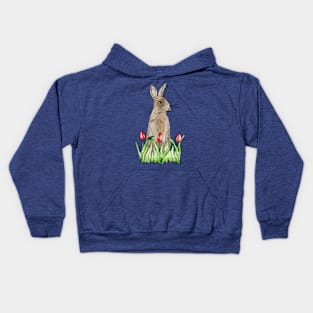 European Rabbit With Blue Background Kids Hoodie